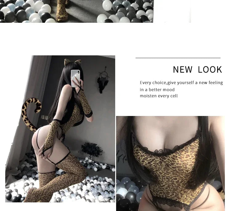 Erotic Sexy Lingerie Bodysuit Women Teddy Leopard Cat Girl Cosplay Costumes Anime Maid Love Live Temptation Uniform with Socks