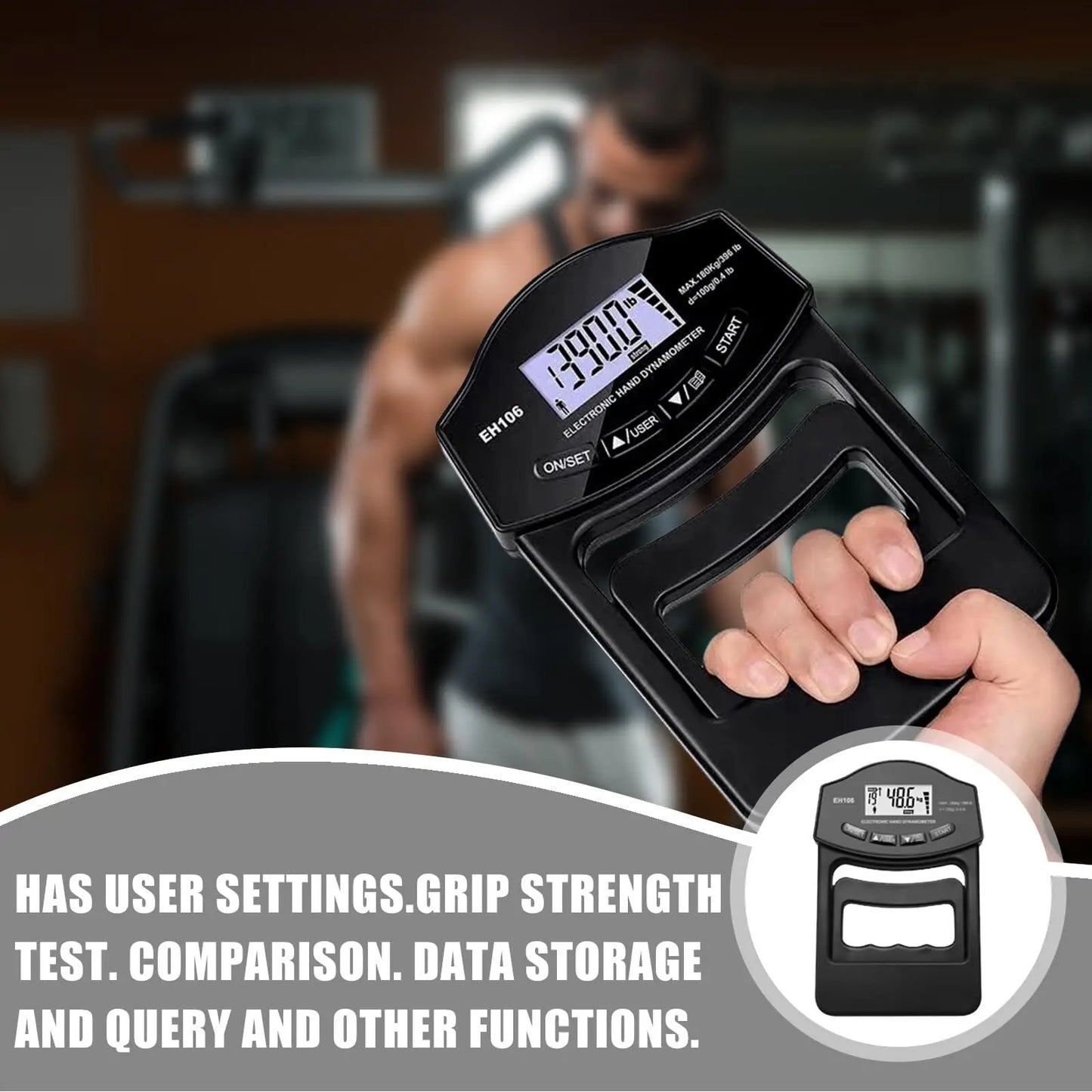 Dinamómetro digital de mano de 180 kg con pantalla LCD para entrenamiento de antebrazo y levantamiento de pesas.