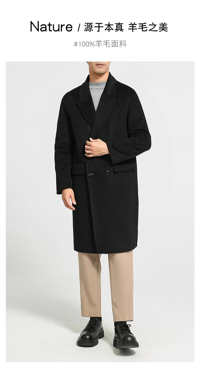 Autumn Winter New 100% Wool Double-sided Wool Coat Men's Korean Suit Collar Wide Fluffy Woolen Coat Simple and Luxurious
