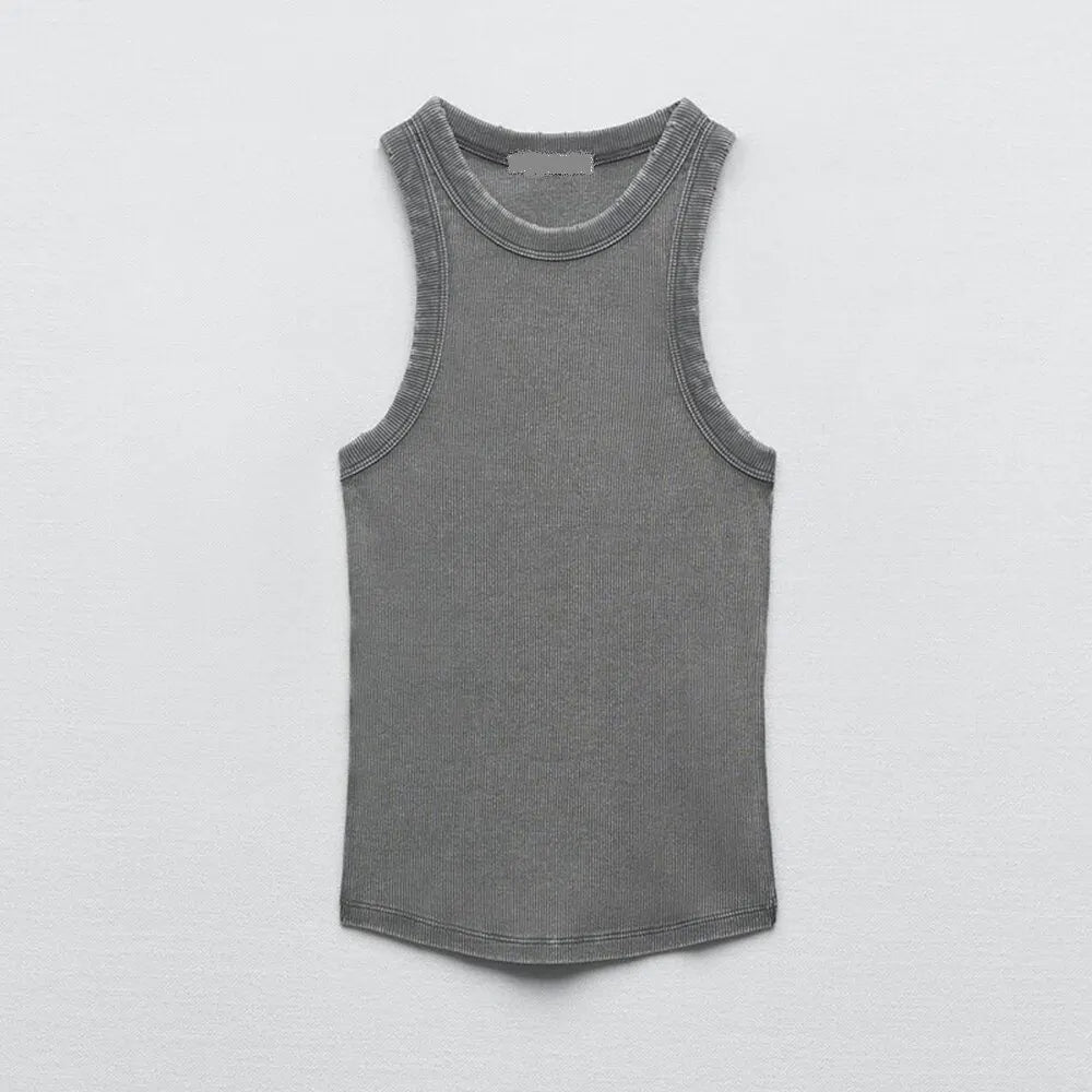 BMURHMZA - Camiseta sin mangas de trabajo retro sencilla con ribete lavado al agua para mujer