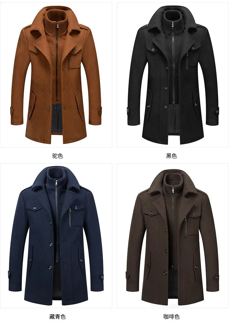 Thickening Warm Wool Coat High Quality Design Wool Coats Men's Wool Blend Winter Double Collar Wool Blend Men Solid Color