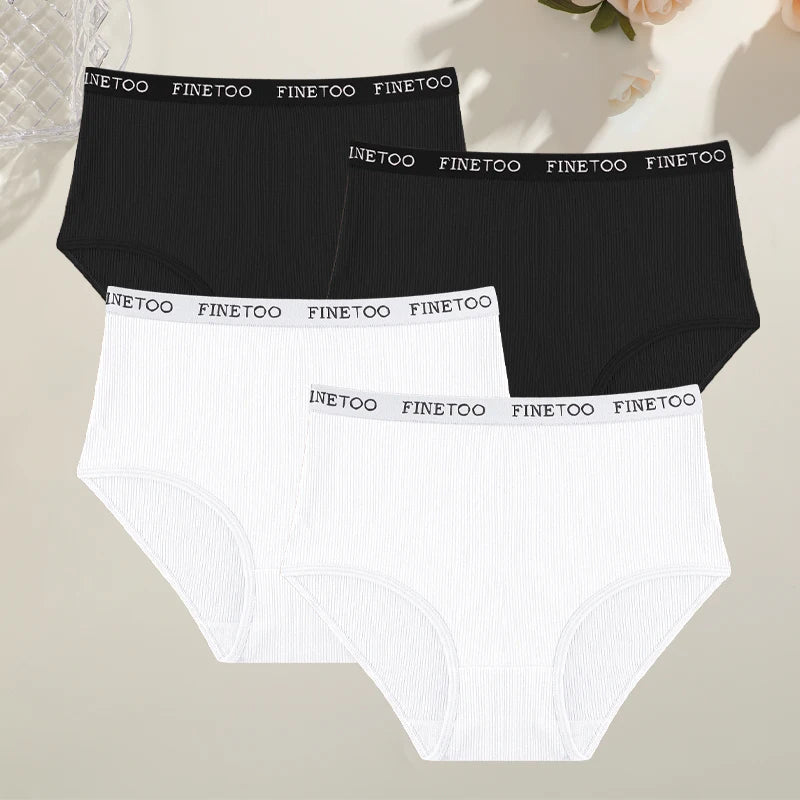 Conjunto de 4 bragas de algodón acanaladas a rayas para mujer, tallas grandes, cintura alta, transpirables, lencería lisa, pantalones cortos S-XXL