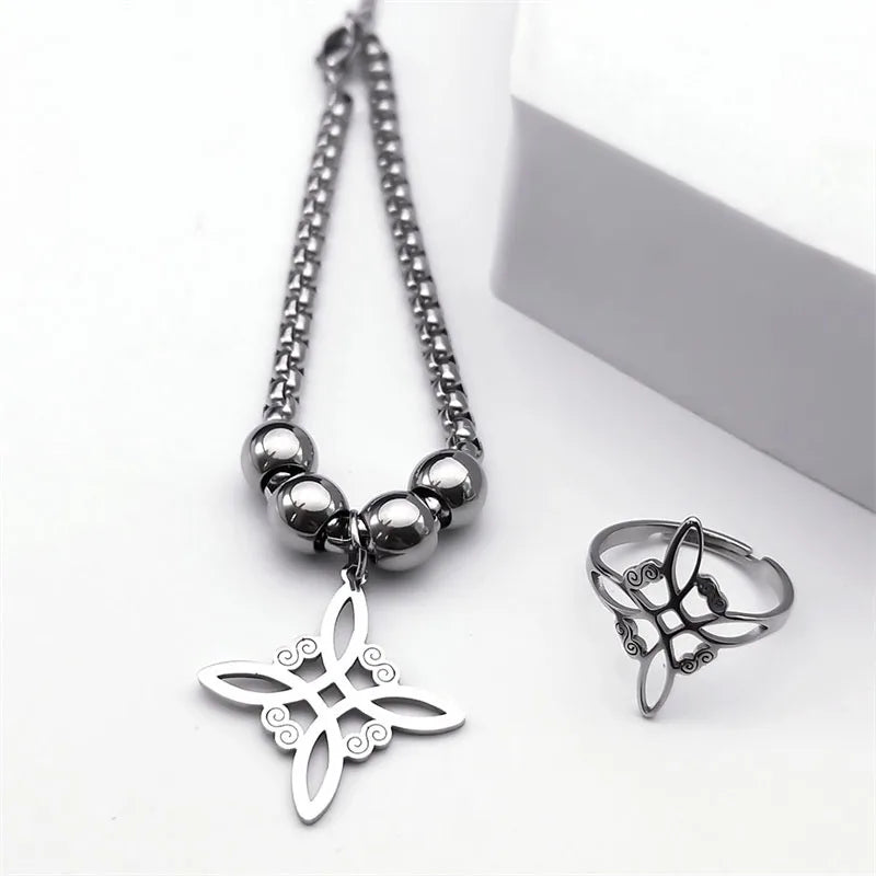 Conjunto de joyas de acero inoxidable, colgante de nudo celta irlandés, collar, pendientes, pulsera, anillo, brujería, bruja