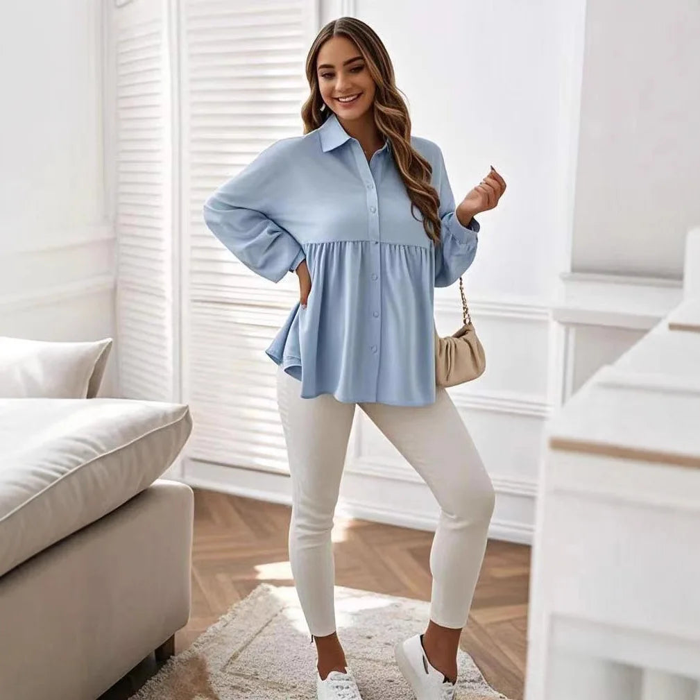 Ropa de maternidad, ropa para mujer, moda de primavera, camisas de color liso para embarazadas, blusa de manga larga con solapa y volantes