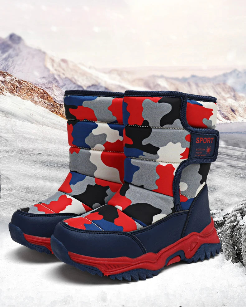 Zapatos de invierno 2025 para niños, de felpa, impermeables, antideslizantes, con suela de goma, botas de nieve cálidas a la moda para exteriores.