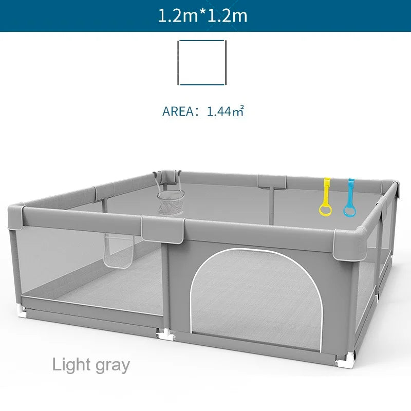 Corralito para bebés IMBABY gris claro con anilla de tiro, barrera de seguridad para niños, cerca y caja de pelota para juegos.