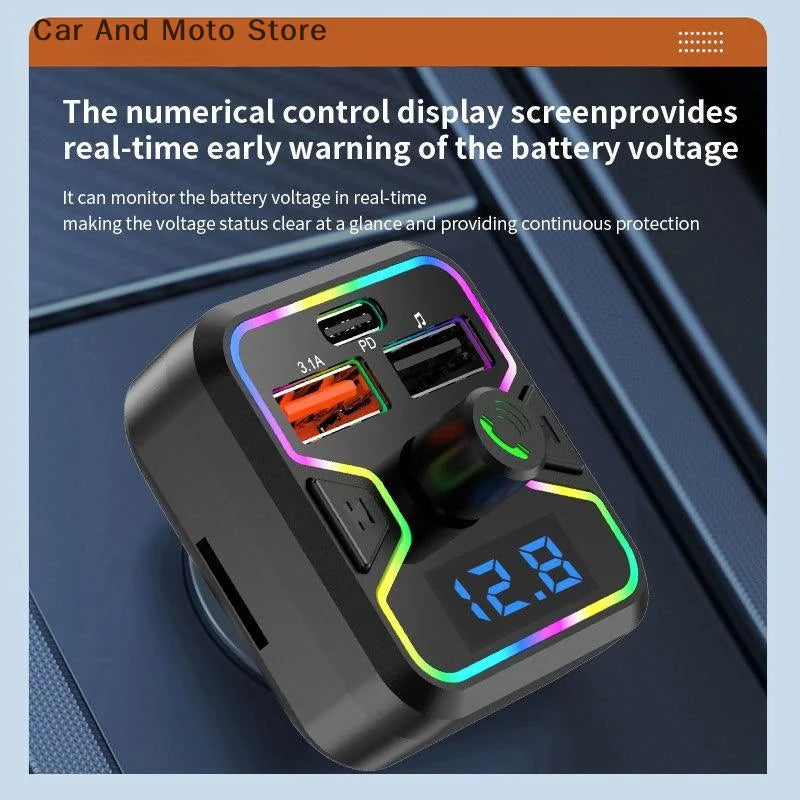 Transmisor FM Bluetooth 5.3, receptor inalámbrico, reproductor MP3, cargador de coche, carga rápida USB PD, adaptador de kit manos libres para coche