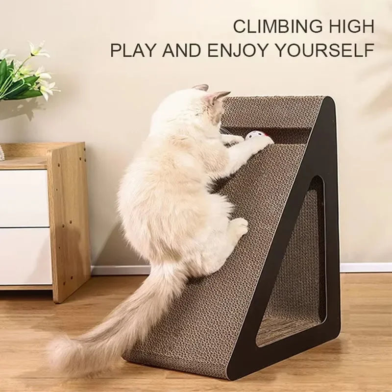 Rascador para gatos 2 en 1 de cartón con bola giratoria, resistente al desgaste, con forma de triángulo, estructura vertical para escalar.