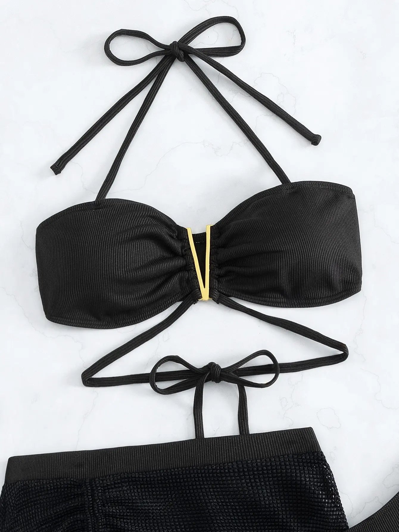 3 Pieces Black V Wire Halter Bikini 2025 Women & Beach Skirt Swimwear Female Swimsuit Solid Beachwear Bathing Swimming Suit