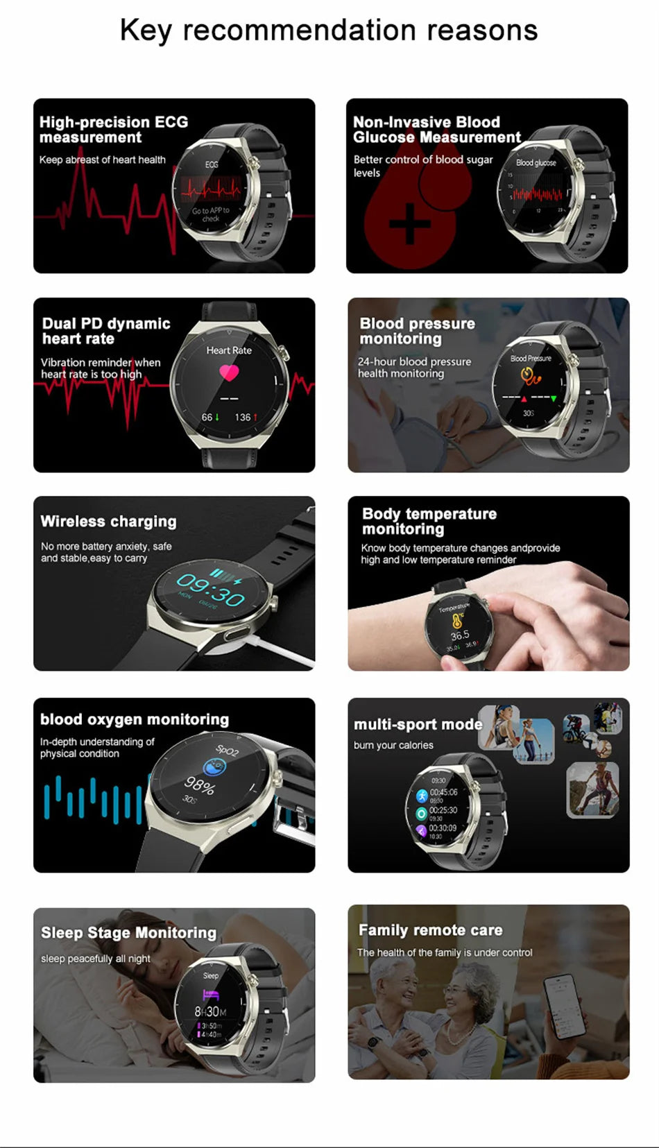 Reloj inteligente con tratamiento láser para hombres, dispositivo con ECG, PPG, frecuencia cardíaca, azúcar en sangre, monitor de salud, para Android e iOS, 2024