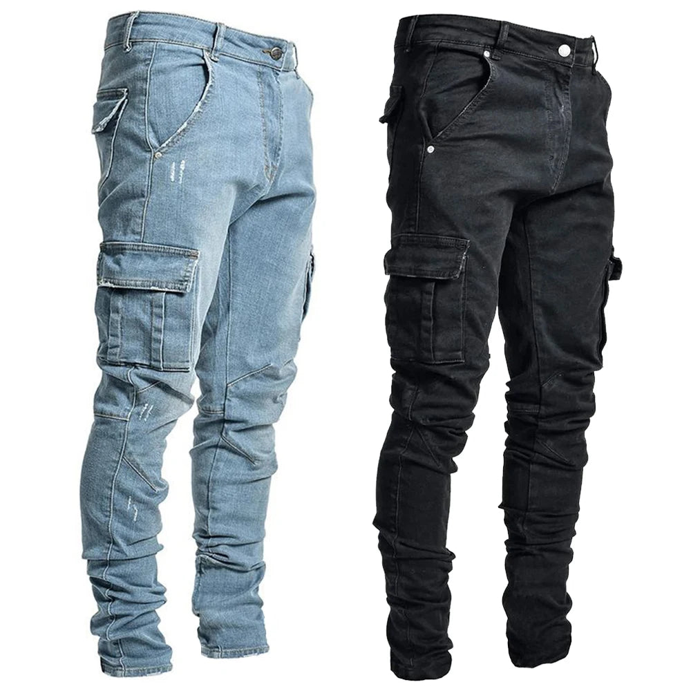 Pantalones vaqueros elásticos de calle para hombre, pantalones cargo de mezclilla lavados, de color sólido, con múltiples bolsillos, pantalones casuales de cintura media, ajustados, para uso diario, para correr