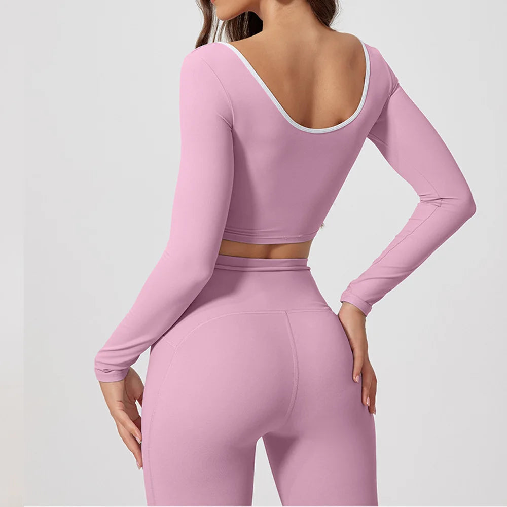 Conjunto de yoga para mujer: camiseta de manga larga, ropa deportiva, top corto, leggings de cintura alta y conjunto deportivo.