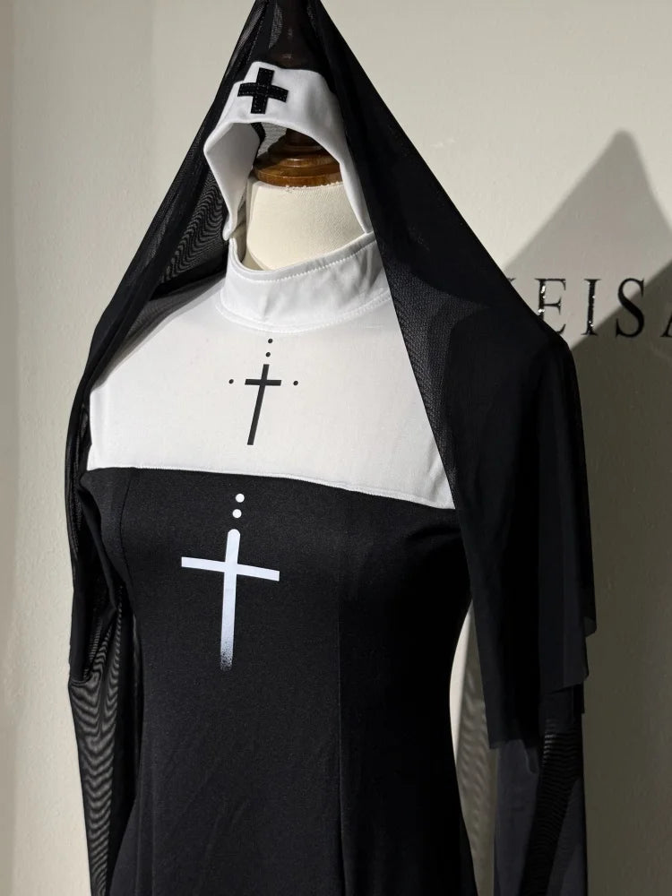 Sexy Anime Nun Cosplay Costume Women Fancy Dress Uniform Halloween Party Adult Madonna Dress Black Fancy Robe Headdress Set 2025