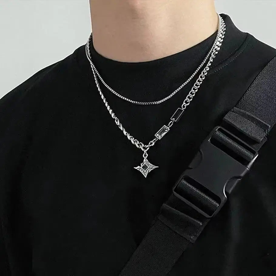 Collar de doble capa con estrella de circón estilo hip hop para hombres y mujeres, cadena colgante de acero de titanio con dije de tendencia, joyería unisex al por mayor