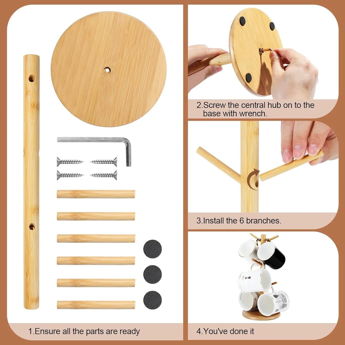 Portavasos de bambú con 6 ganchos para tazas de café, resistente soporte para tazas, ideal para organizar mostradores y ahorrar espacio.