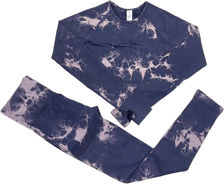 VEQKING - Ropa de yoga teñida para mujer, top corto de manga larga, pantalones de yoga de cintura alta, conjuntos deportivos, ropa de gimnasio de secado rápido