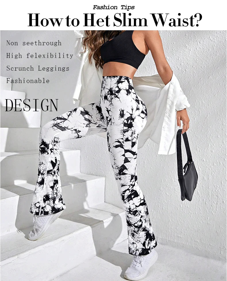 Women Tie Dye Flared Pants Knit Seamless Leggings High Waist Butt Lift Fitness Pants Gym Yoga Cycling Slim Fashion Flared Pants