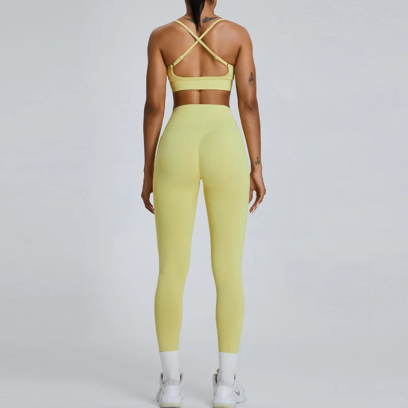 Conjunto de yoga de dos piezas para mujer, sujetador deportivo con espalda cruzada de color liso, top color miel melocotón, leggings de secado rápido para realce de cadera, traje deportivo de fitness