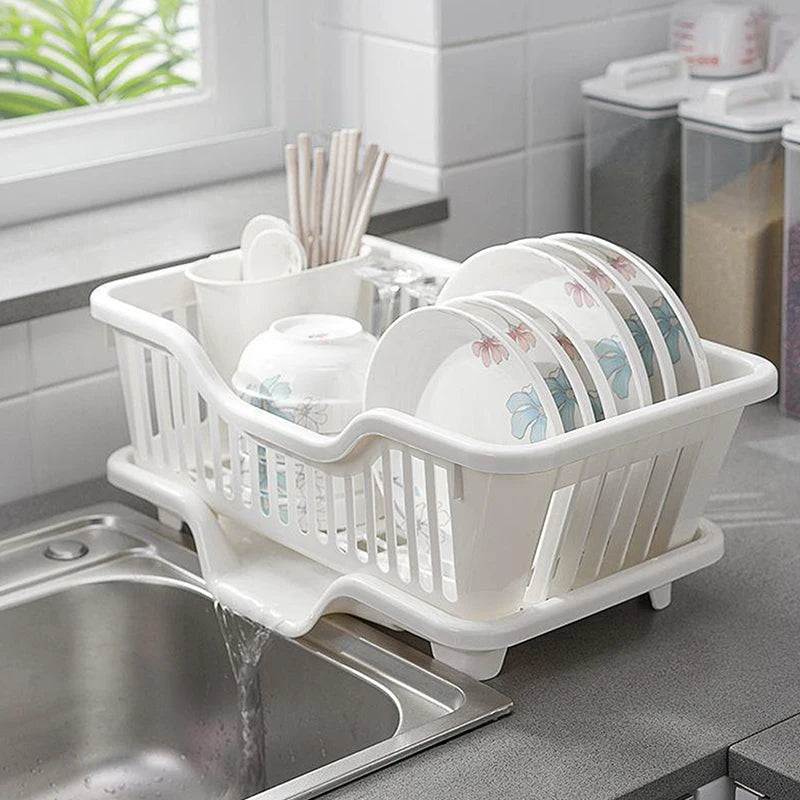 Escurridor de cocina con tabla de drenaje para encimera, utensilios, platos, palillos, tazones y cucharas.