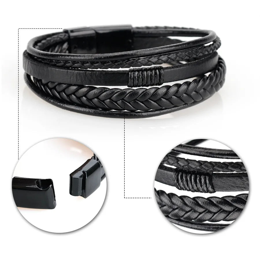 Pulseras de cuero de moda para hombre, pulseras de cuerda trenzada multicapa, pulseras masculinas, joyería, pulsera para hombre