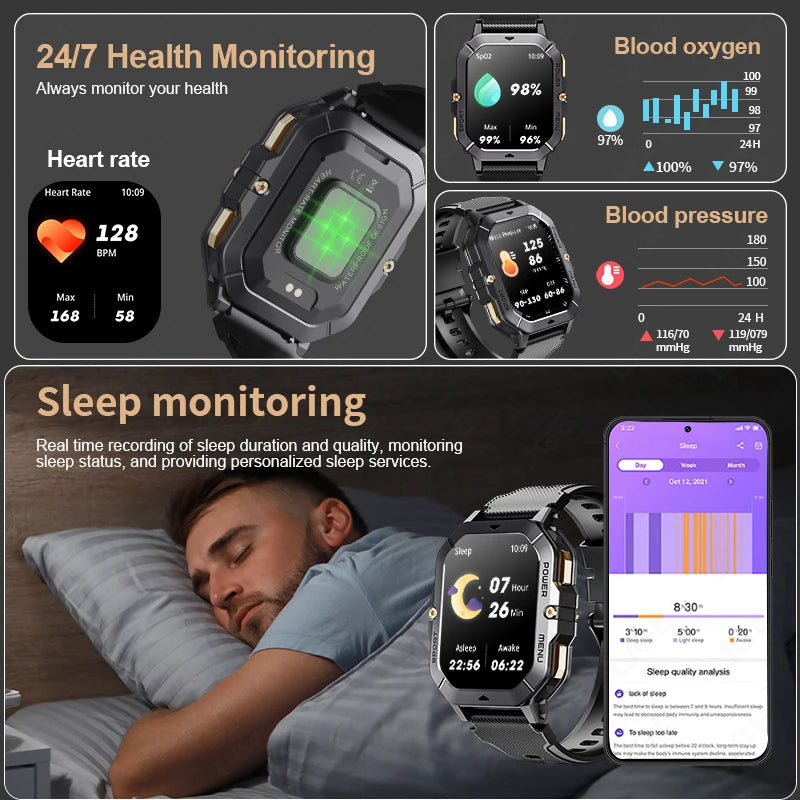 Reloj inteligente con Bluetooth de 2,02 pulgadas para hombre y mujer, batería de 410 mAh, resistente al agua hasta 1 ATM, monitor de ritmo cardíaco y salud, para deportes al aire libre