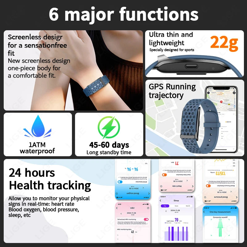 LIGE - Pulsera inteligente sin pantalla para hombre y mujer, con monitor de ritmo cardíaco, presión arterial, sueño, podómetro, rastreador de actividad física, 2025