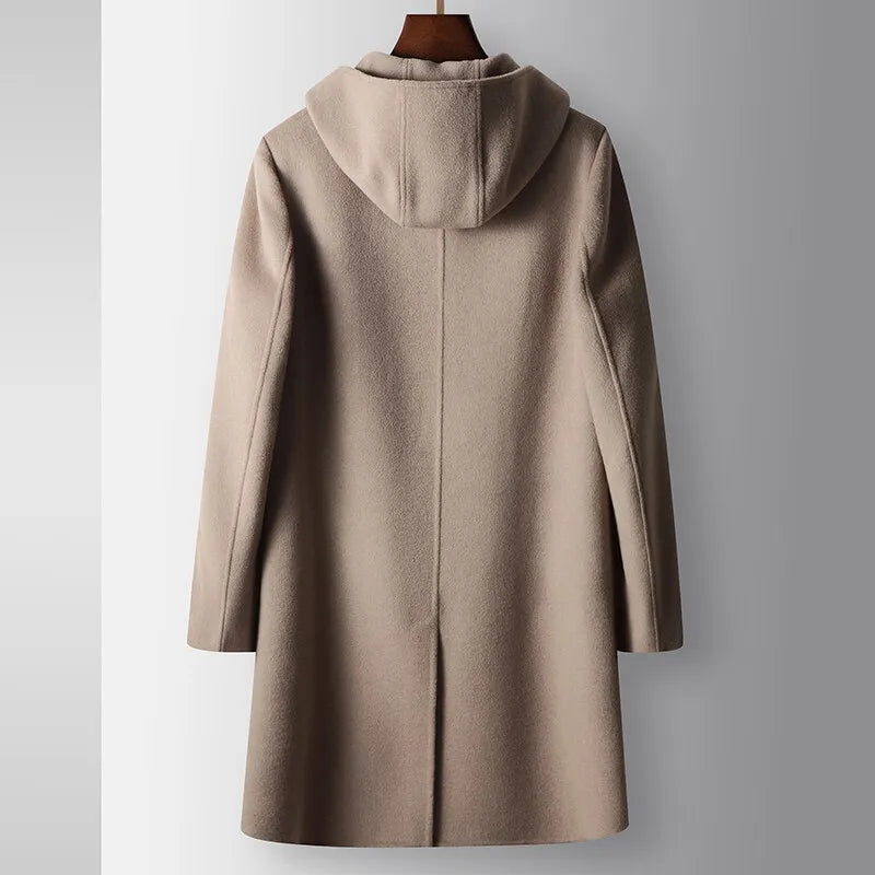 2024 Winter New Men's Hoodie Medium Long Woolen Coat Rabbit Plush Thick Warm Casual Coat High end Fabric 100% Pure Wool