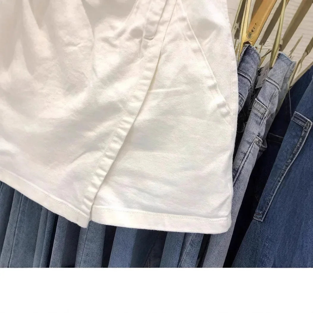 Vestido mini de algodón de cintura alta, talla grande, dos piezas, ilusión, pantalones, falda, adelgazante, corte A, medio cuerpo, para mujer, primavera, verano, blanco
