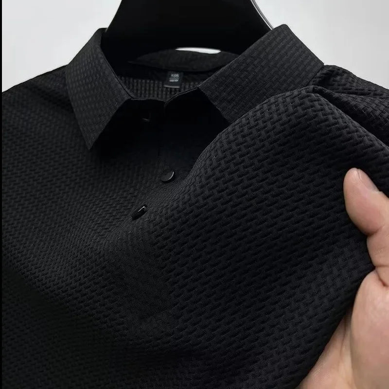 Camiseta de manga corta de seda de hielo para hombre, nueva camiseta de verano con cuello redondo y estampado de gofre, de alta elasticidad, sin costuras, informal, de negocios.