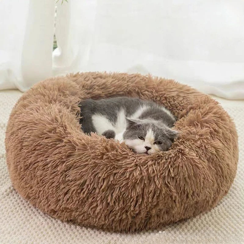 1 cama cómoda de felpa a rayas para mascotas, adecuada para gatos y perros, cálida, nido redondo para dormir profundamente, relleno, gris, suave, para interiores