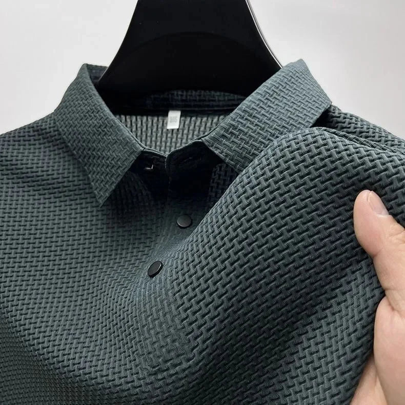 Camiseta de manga corta de seda de hielo para hombre, nueva camiseta de verano con cuello redondo y estampado de gofre, de alta elasticidad, sin costuras, informal, de negocios.