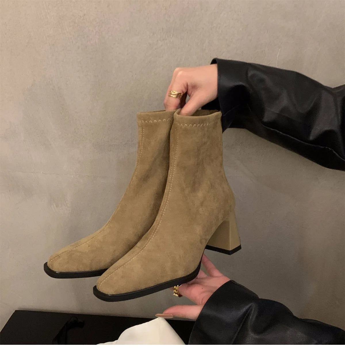 Vintage Women Ankle Boots 2024 Fashion Square Toe Thick High Shoes Autumn Winter New Ladies Elegant Stretch Slim Short Booties