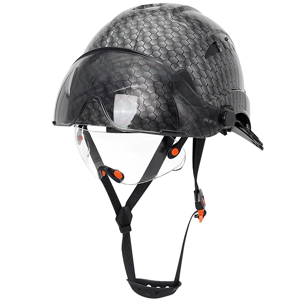 Casco de seguridad con patrón de fibra de carbono y gafas de doble visera para ingenieros, casco de seguridad CE ANSI ABS, gorra de trabajo industrial, rescate