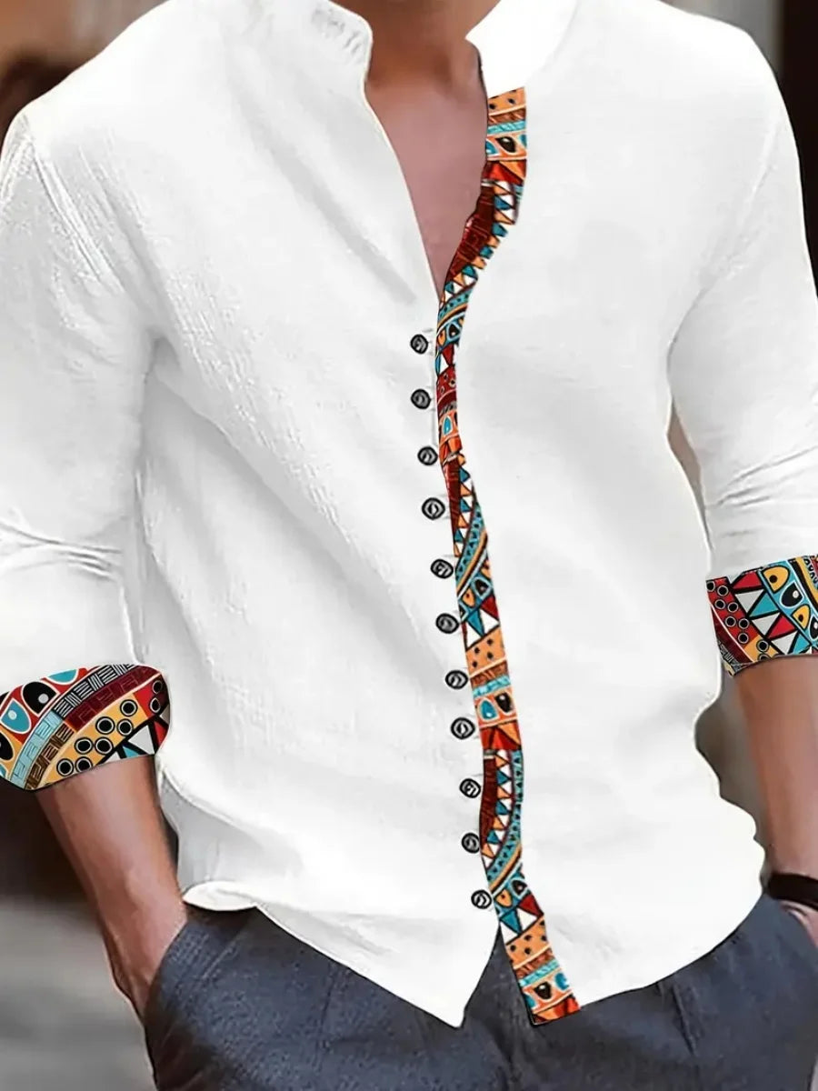 Nueva camisa de lino para hombre, con botones, patrón de tendencia de moda, corte ajustado, cómoda y suave, nueva marca retro.