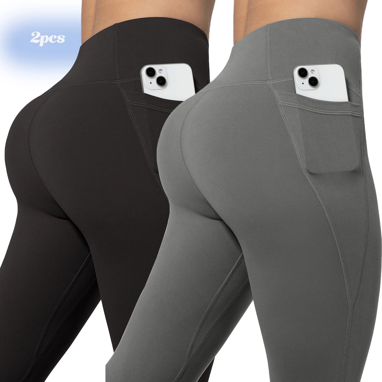 Leggings de yoga para mujer, 2 unidades, con bolsillos, color liso, para gimnasio, actividades al aire libre, cintura alta, ajustados, pantalones deportivos para correr.