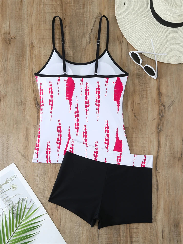 Traje de baño de dos piezas para mujer 2025, nuevo traje de baño liso con estampado de tirantes, tankini de verano, pantalones cortos tipo bóxer de cintura alta, traje de baño de playa para mujer