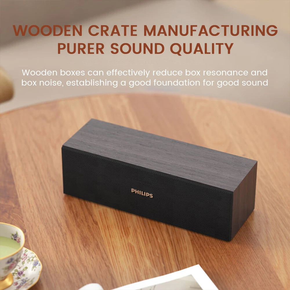 Altavoz de escritorio PHILIPS SPA3609 con controlador dinámico de 53 mm, voz humana pura, efecto de sonido envolvente y diseño de carcasa de madera.