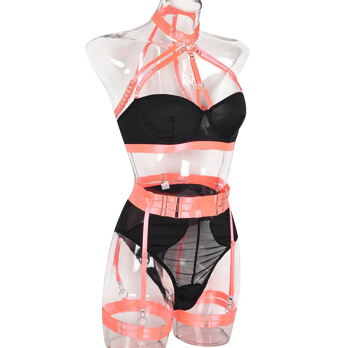 Conjunto de lencería sexy para mujer, con panel de encaje, escote en V profundo, glúteos abiertos, tirantes con forma de corazón de melocotón, cadena cruzada, liguero, ropa interior de tres piezas