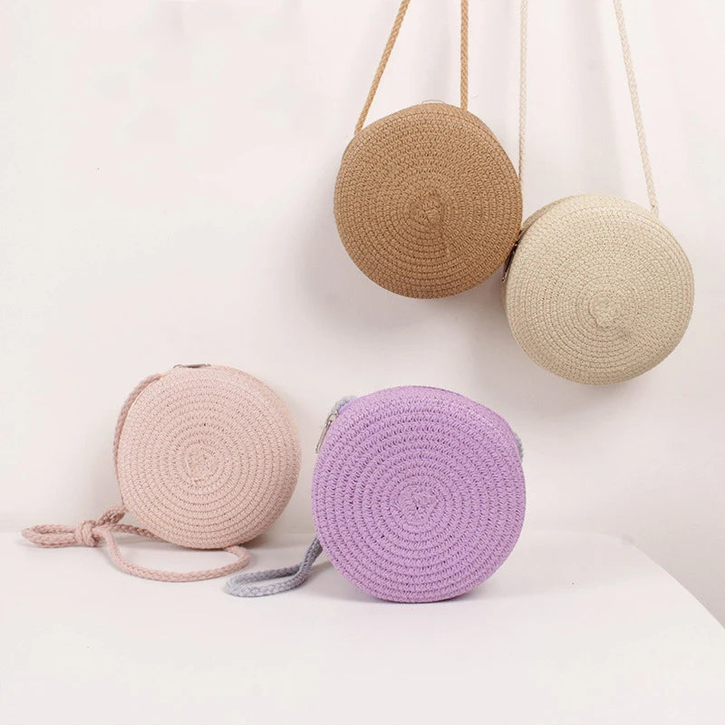 Bolso redondo de paja para mujer, tejido a mano, tipo bandolera, para playa, bonito bolso de mano pequeño de ratán tejido a mano, de color caramelo