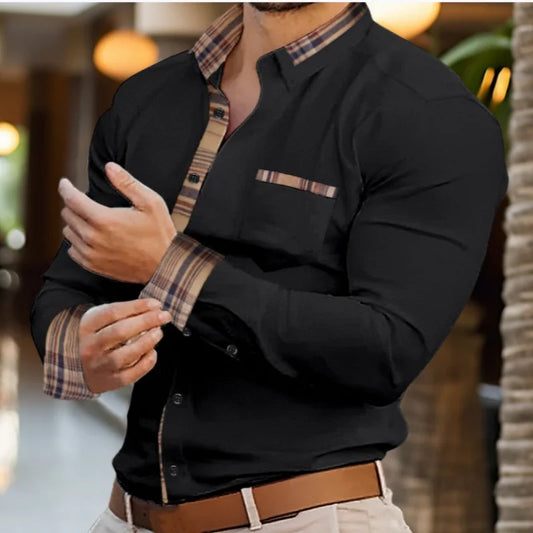 Camisa de hombre con solapa de color a juego, de algodón ramio, de manga larga, cárdigan de hombre, camisa informal holgada de moda para hombre