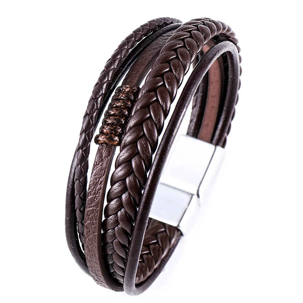 Pulseras de cuero de moda para hombre, pulseras de cuerda trenzada multicapa de acero inoxidable para hombre, pulseras de joyería para hombre.