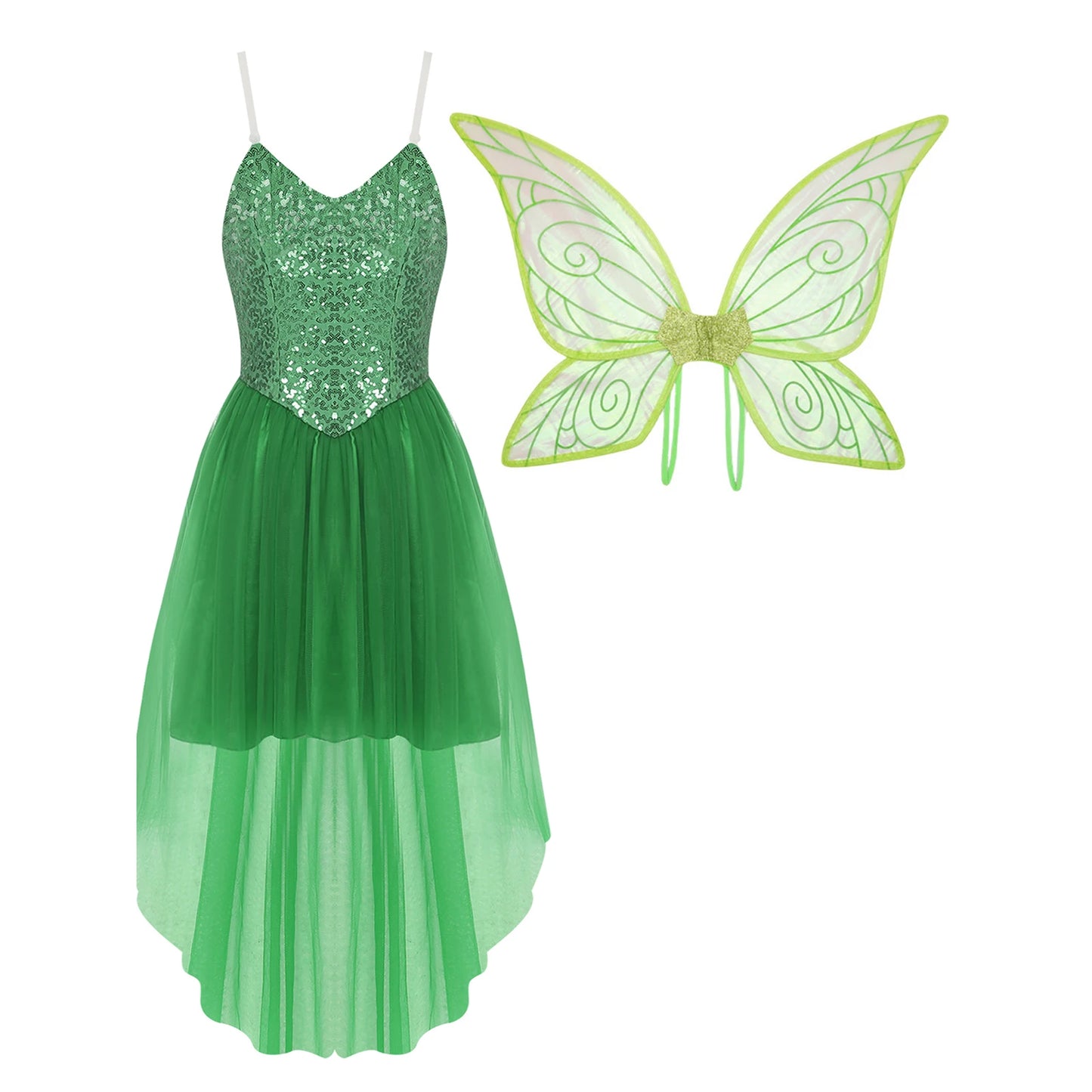 Womens Halloween Green Princess Dress Forest Tinker Costumes Bell Dress with Fairy Tale Wings for Carnival Roleplay Dress Up