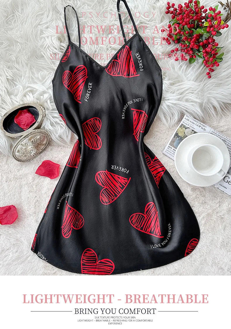 Camisón de satén con estampado de labios rojos para San Valentín, minivestido de dormir sin espalda y cuello en V para mujer