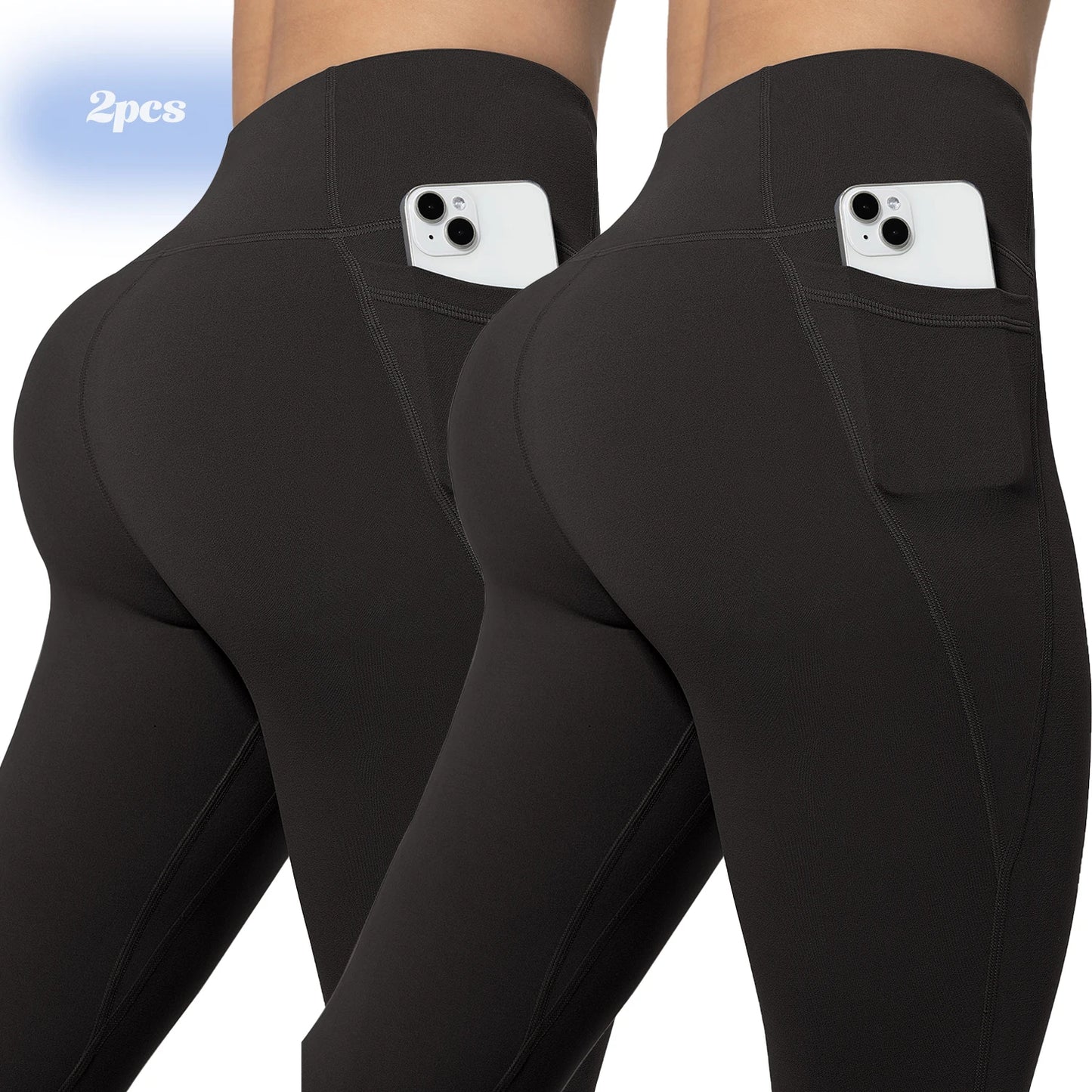 Leggings de yoga para mujer, 2 unidades, con bolsillos, color liso, para gimnasio, actividades al aire libre, cintura alta, ajustados, pantalones deportivos para correr.