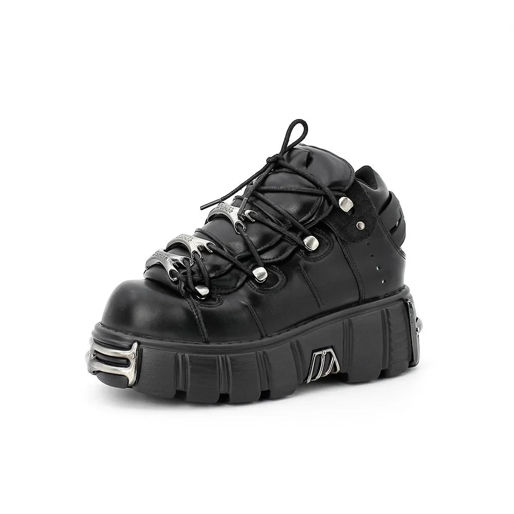 Zapatos de cuero estilo punk para mujer, con cordones, tacón de 6 cm de altura, plataforma, botines góticos para mujer, botas de motociclista de PU, zapatillas de suela gruesa