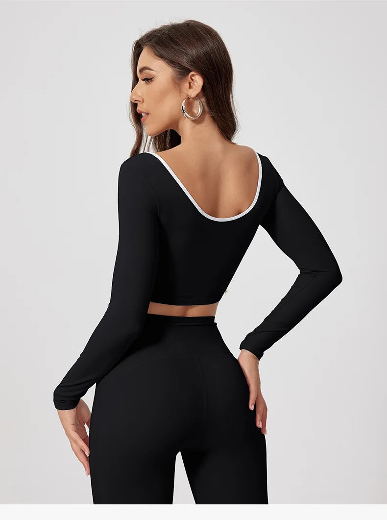 Conjunto de yoga para mujer: camiseta de manga larga, ropa deportiva, top corto, leggings de cintura alta y conjunto deportivo.