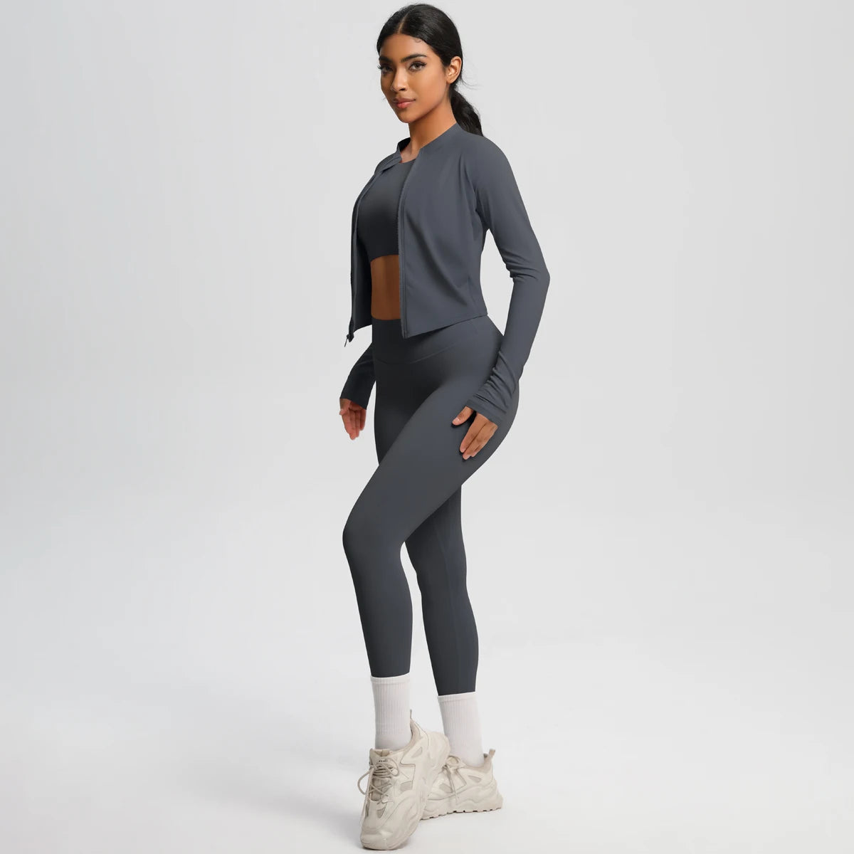 Conjunto de leggings de yoga, top deportivo con cremallera y manga larga, transpirable, para correr al aire libre, pantalones de yoga ajustados e informales, ropa de fitness
