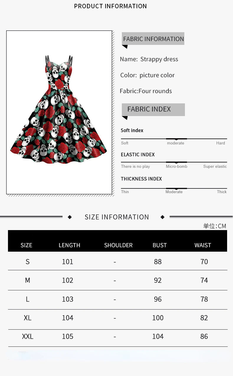 Halloween Costume Skeleton Rose Print Women Girl Female Goth Horror Rockabilly Carnival Fancy Dress Up Party Performance
