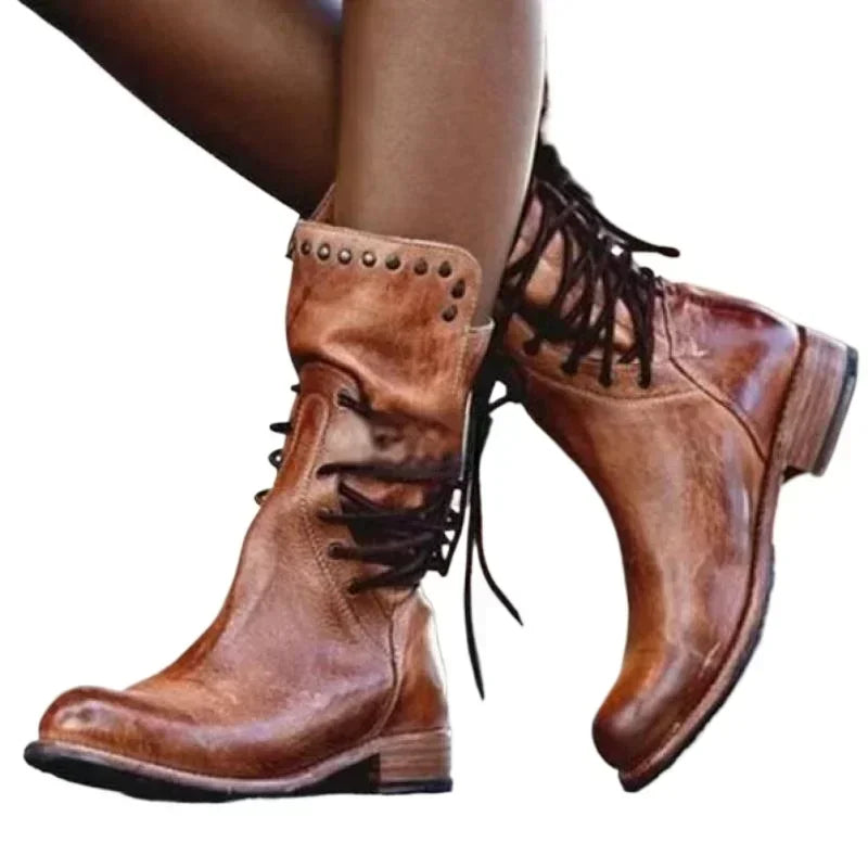 Botas de media caña con remaches para mujer, botines de caballero a la moda, estilo británico, para otoño e invierno, con cordones cruzados, de PU