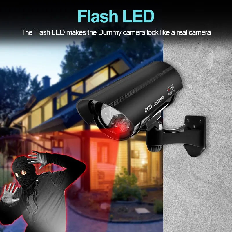 Cámara de seguridad ficticia impermeable para interiores y exteriores, sistema de vigilancia CCTV falso, luces LED rojas intermitentes, sin cableado.